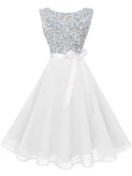 Boatneck Sleeveless Retro Inspired Dress, Sizes XSmall - 3XLarge (US Size 0 - 18W) White Silver Sequin