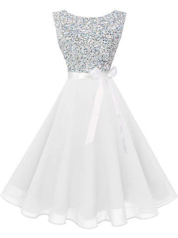 Boatneck Sleeveless Retro Inspired Dress, Sizes XSmall - 3XLarge (US Size 0 - 18W) White Silver Sequin