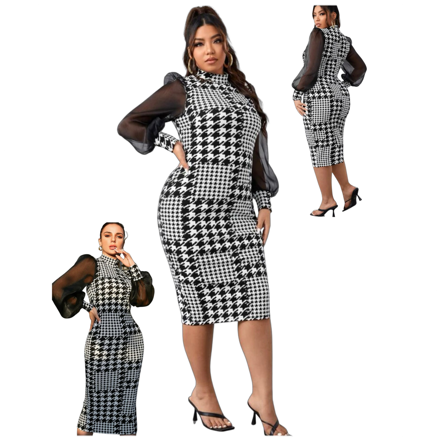 Houndstooth Print Mesh Sleeve Ladies Dress, Sizes Small - 4XLarge (US Sizes 4 - 20)