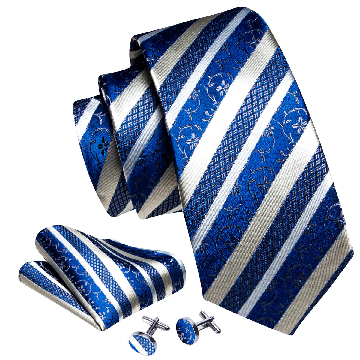 Men’s Silk Coordinated Tie Set - Silver Blue Striped Paisley (6066)