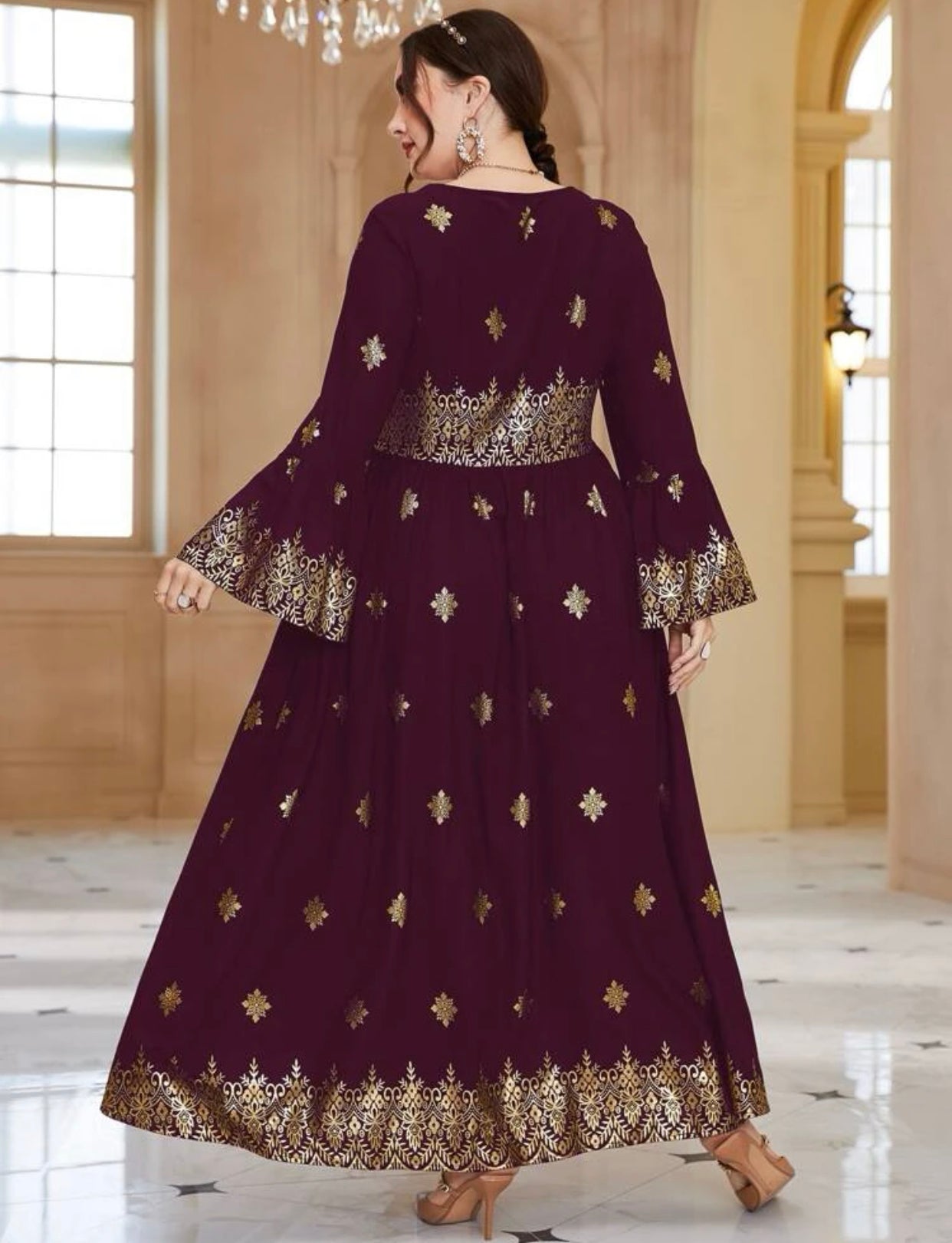 Elegant Arabic/Indian Golden Floral Trumpet Sleeve Dress, US Sizes 12 - 22