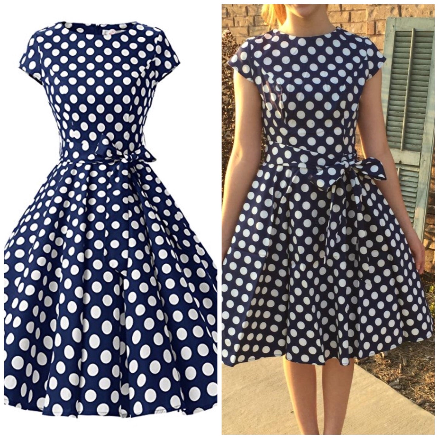 1950s Inspired Retro Inspired Dress, Navy Blue with Large White Polka Dots, Sizes XS - 3XL