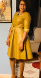 Faux Leather Midi Dress with Belt, US Sizes 2 - 12, Mustard and Black Available