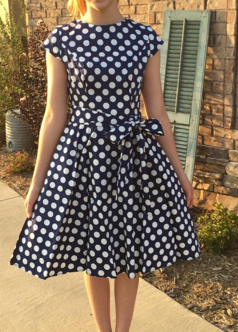 1950s Inspired Retro Inspired Dress, Navy Blue with Large White Polka Dots, Sizes XS - 3XL