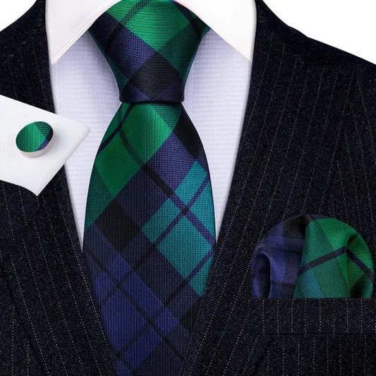 Men’s Silk Coordinated Tie Set - Green Blue Plaid
