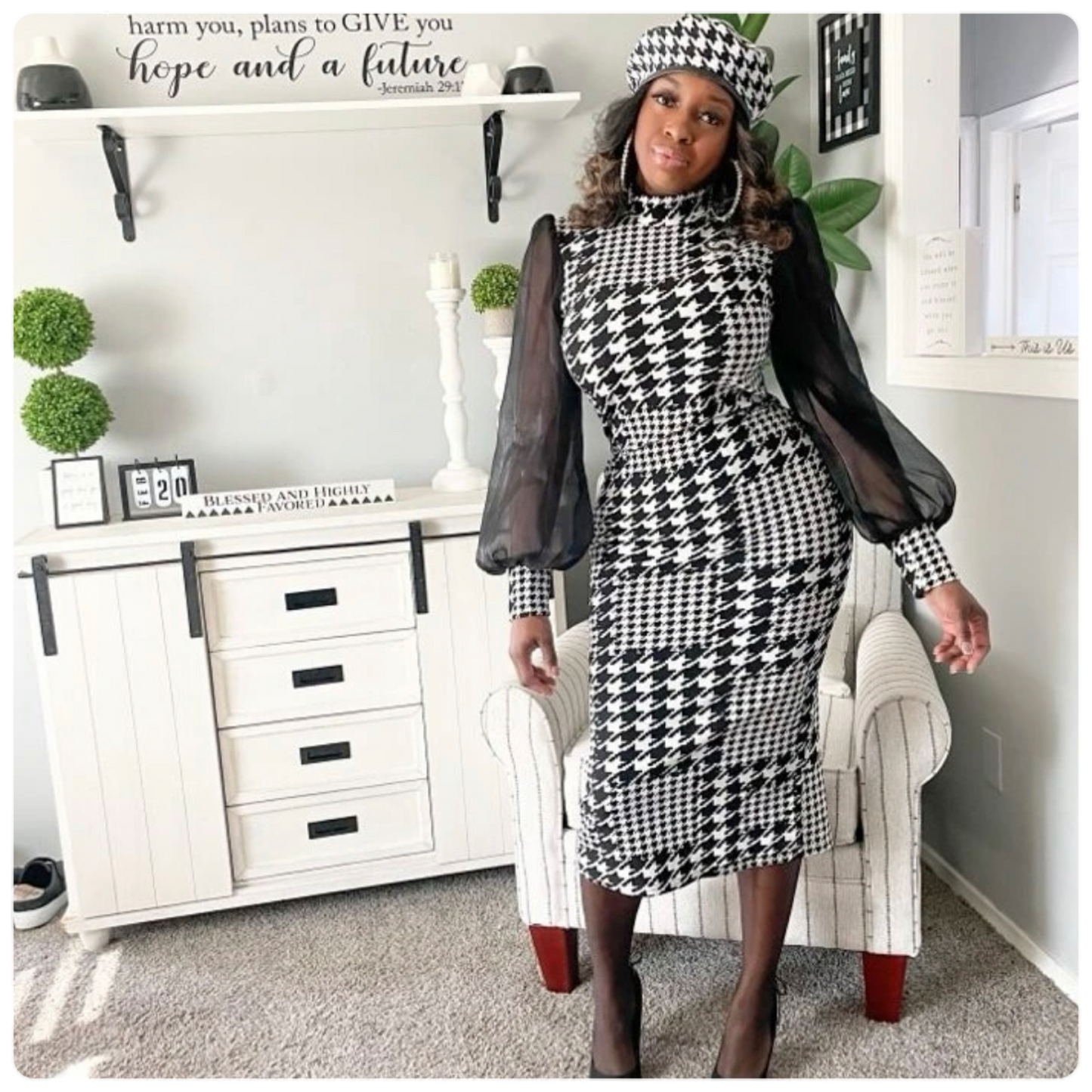 Houndstooth Print Mesh Sleeve Ladies Dress, Sizes Small - 4XLarge (US Sizes 4 - 20)