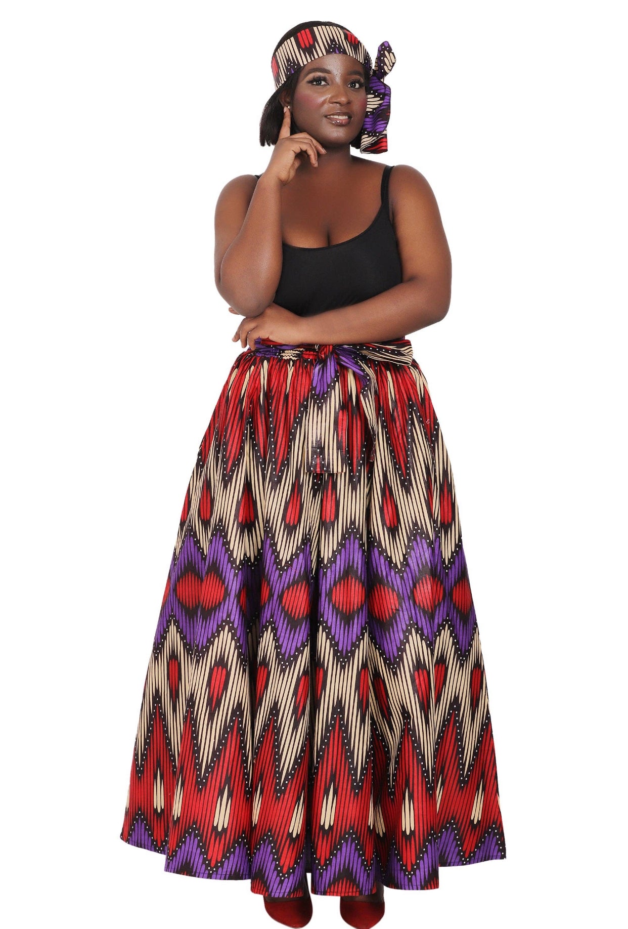 African Print Full Skirt with Coordinating Head Wrap (Purple, Red, Beige, Black)