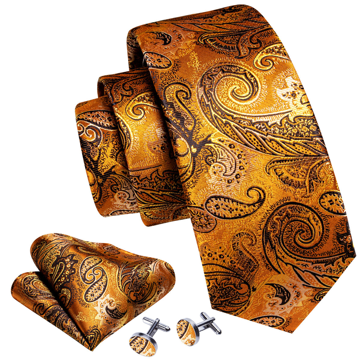 Men’s Silk Coordinated Tie Set - Golden Orange Black Paisley (5965)