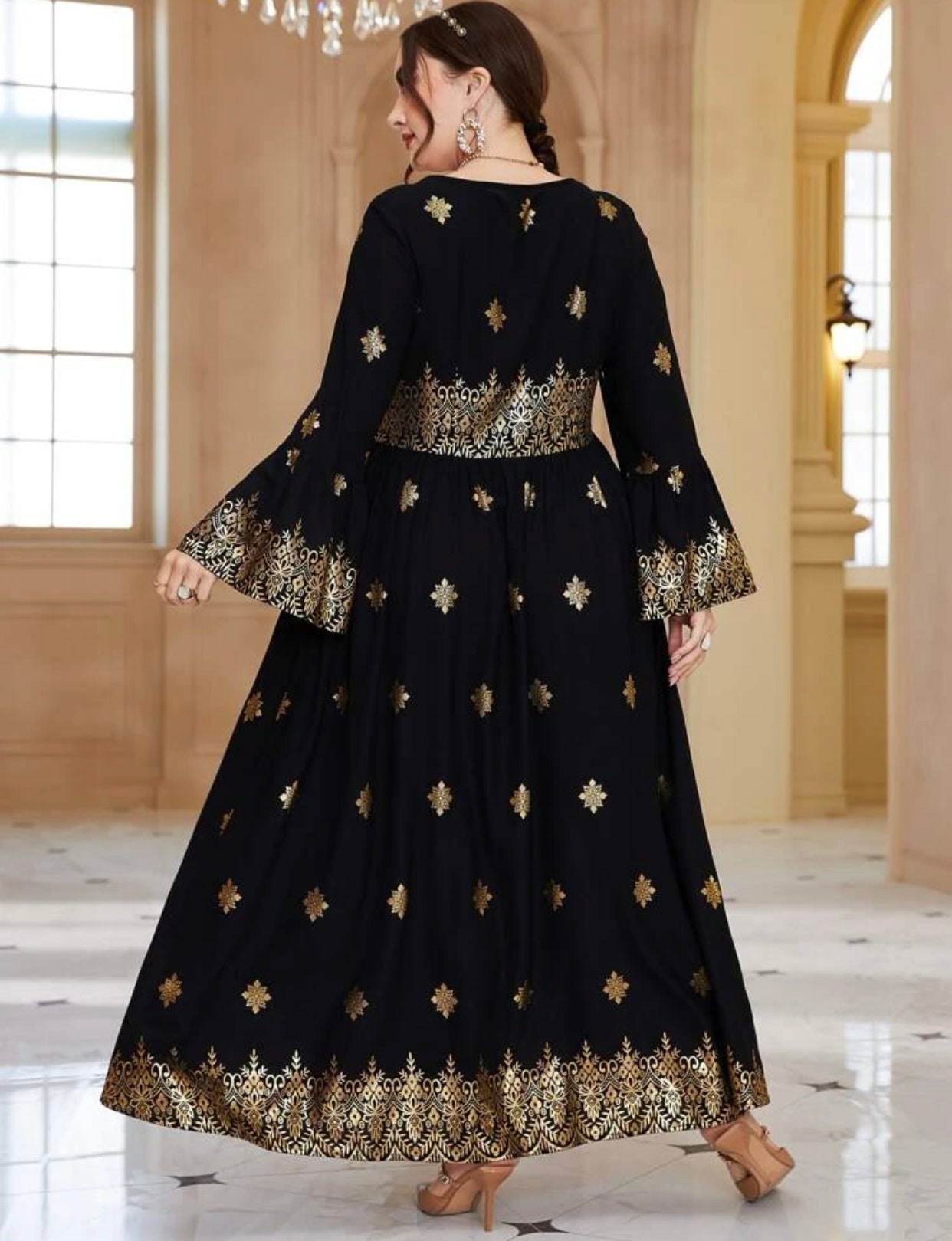 Elegant Arabic/Indian Golden Floral Trumpet Sleeve Dress, US Sizes 12 - 22