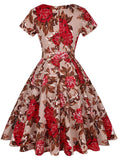 Vintage Inspired Brown Floral Print Dress, Sizes Small - 2XLarge (US Sized 4 - 22)