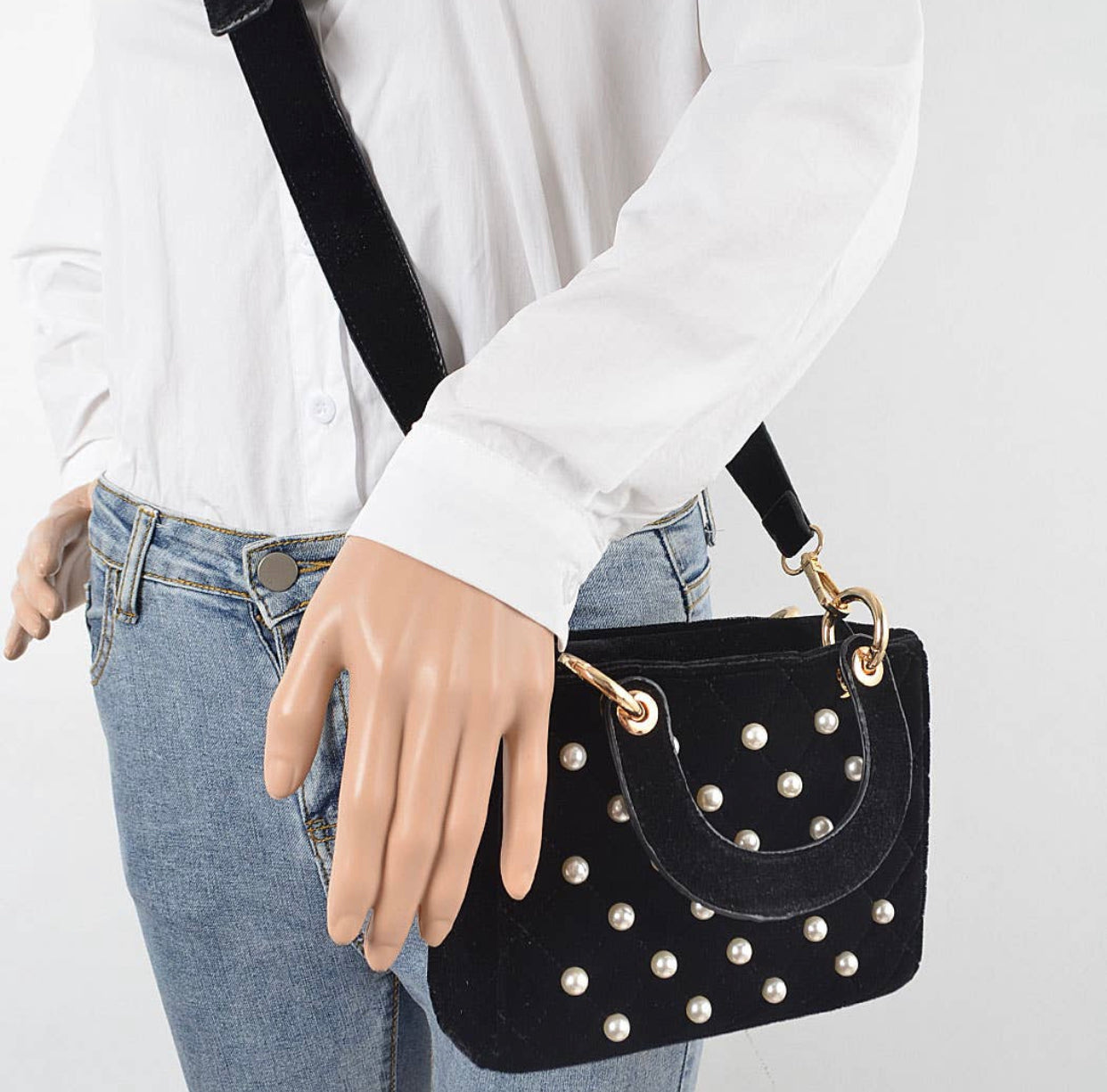 Quilted Velvet Crossbody Bag with Pearl