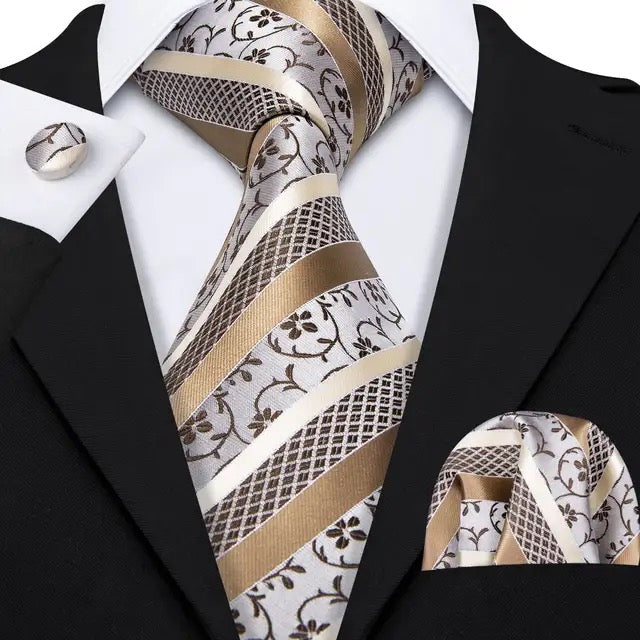 Men’s Silk Coordinated Tie Set - Champagne Beige Stripe Paisley (0905)