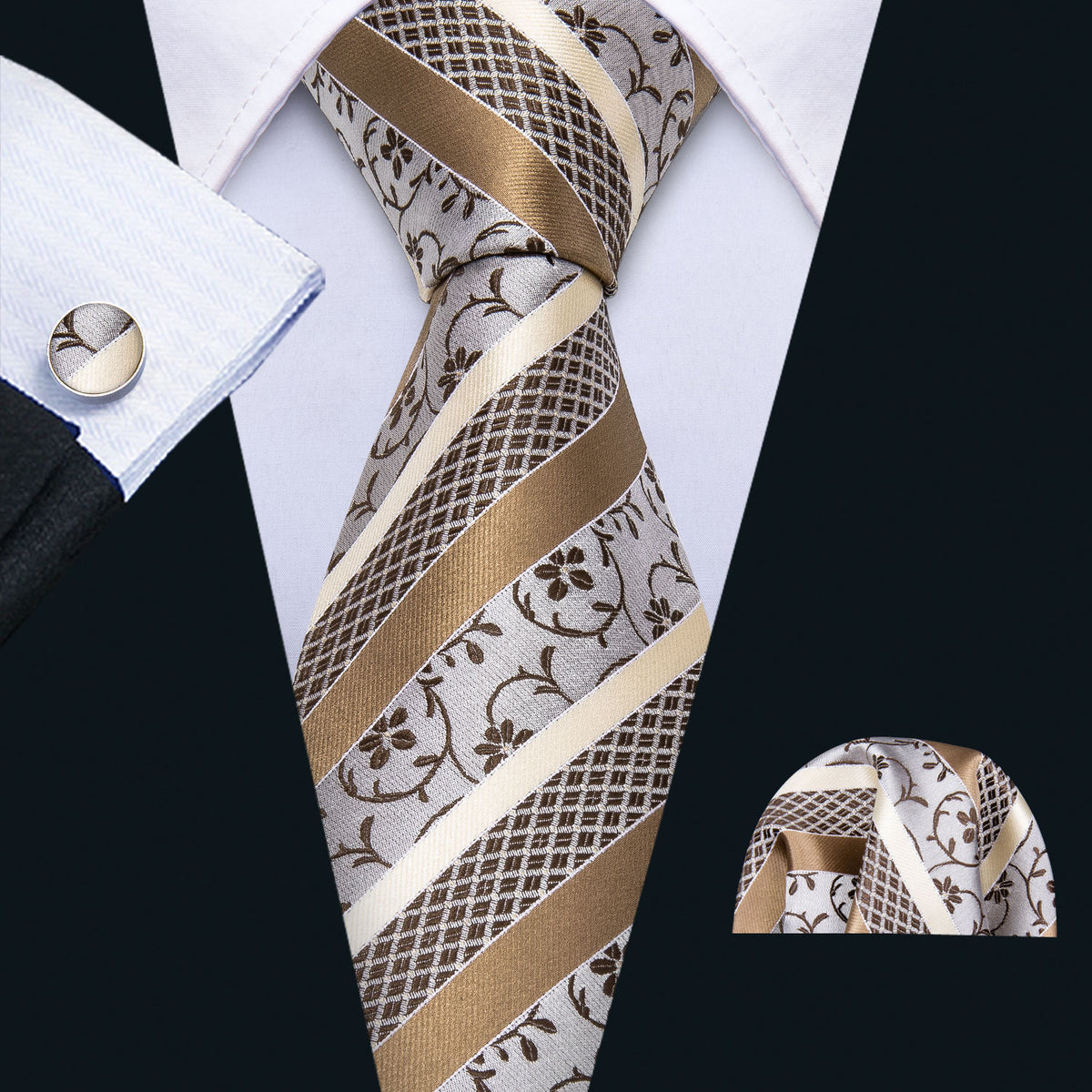 Men’s Silk Coordinated Tie Set - Champagne Beige Stripe Paisley (0905)