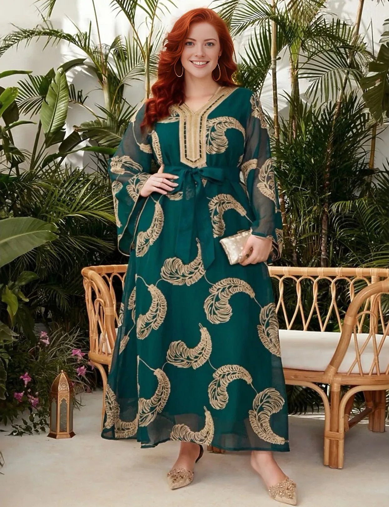 Feather Print Green Flow Dress, Sizes 0XL - 4XL (US 12 - 20)