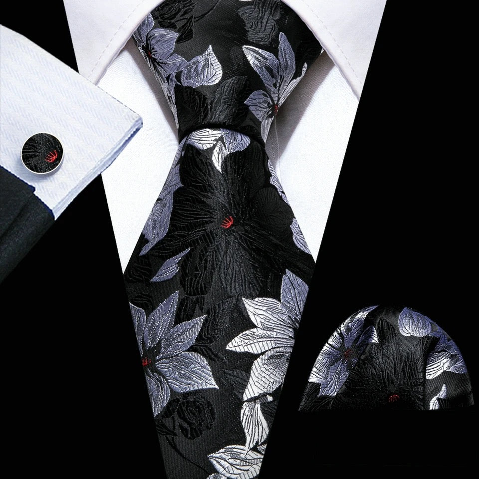 Men’s Silk Coordinated Tie Set - Black Silver Rose (5963)