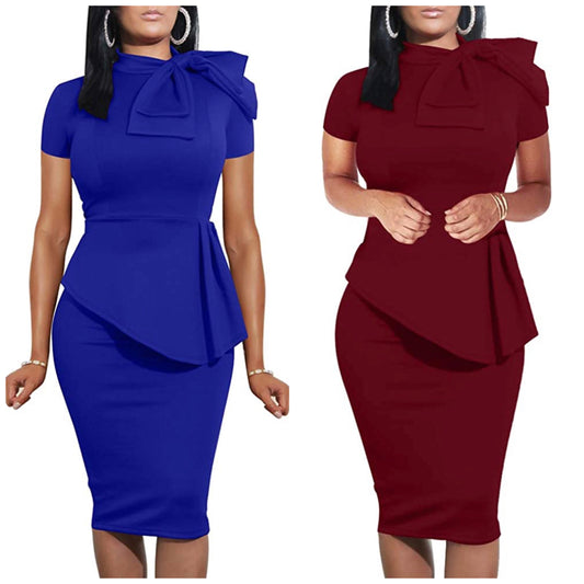 Peplum Short Sleeve Bow Knot Dress, US Sizes 4 - 20 (Small - 2XLarge) Blue or Burgundy