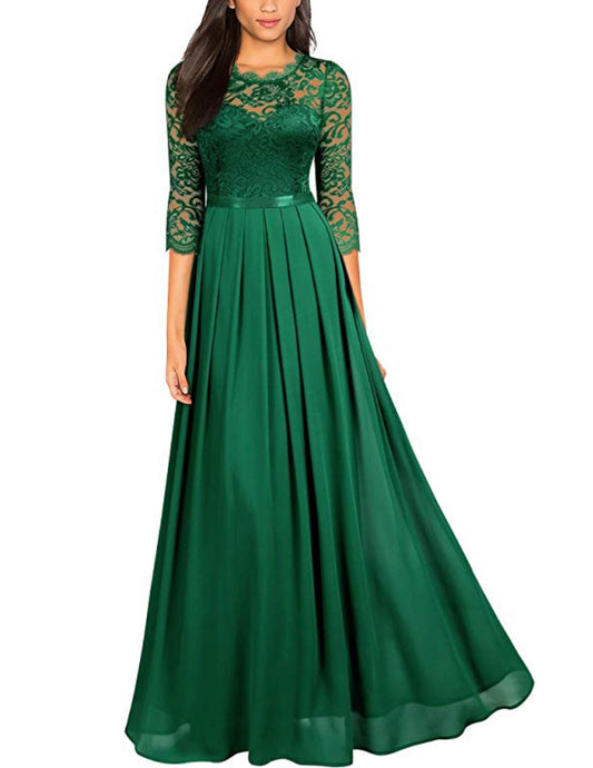 Long Green Lace Patterned Dress, Sizes Small - 2XLarge (US Sizes 4 - 18)