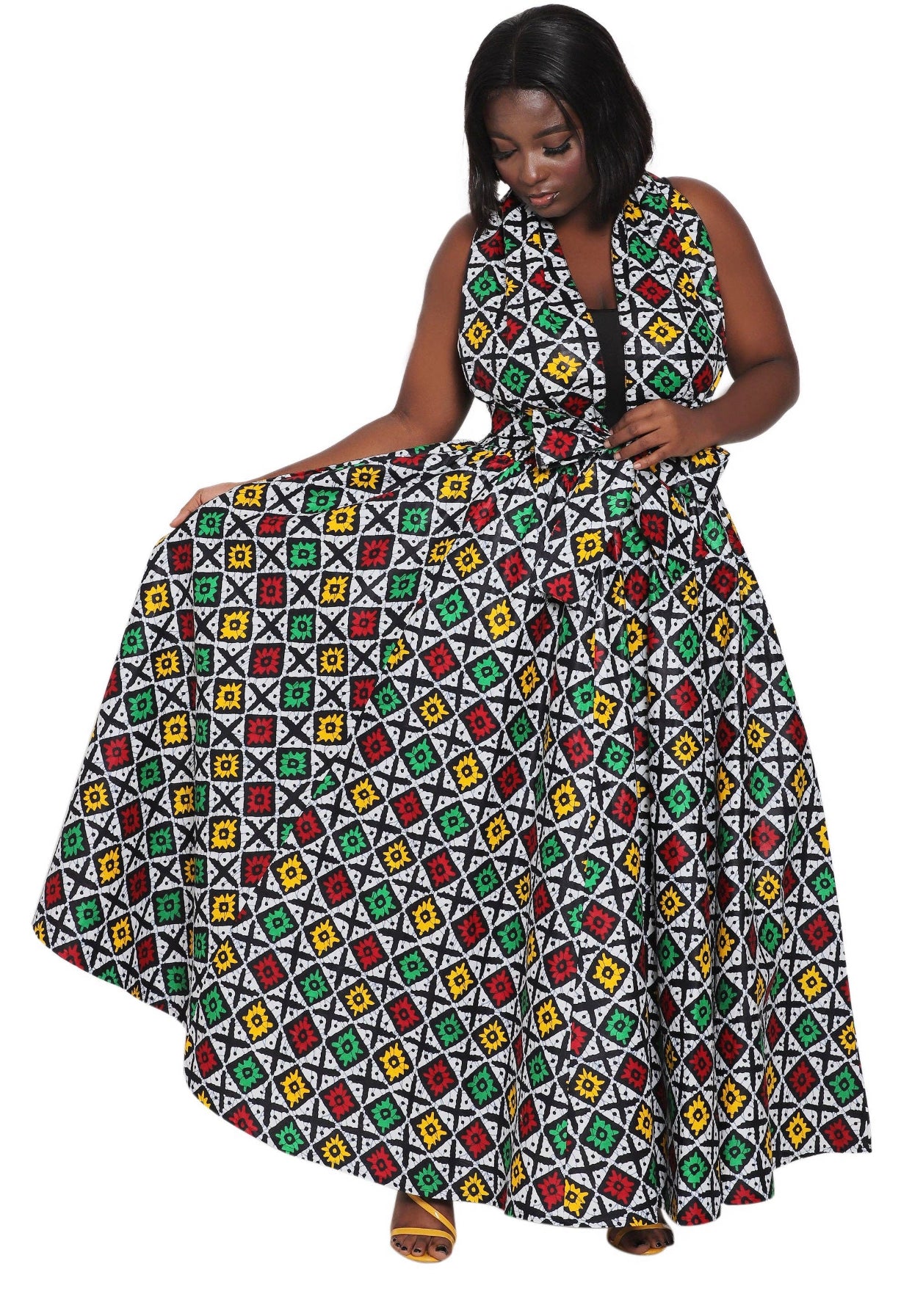Hand Made African Print Full Skirt with Coordinating Head Wrap and Facemask (Red, Green, Yellow Squares)