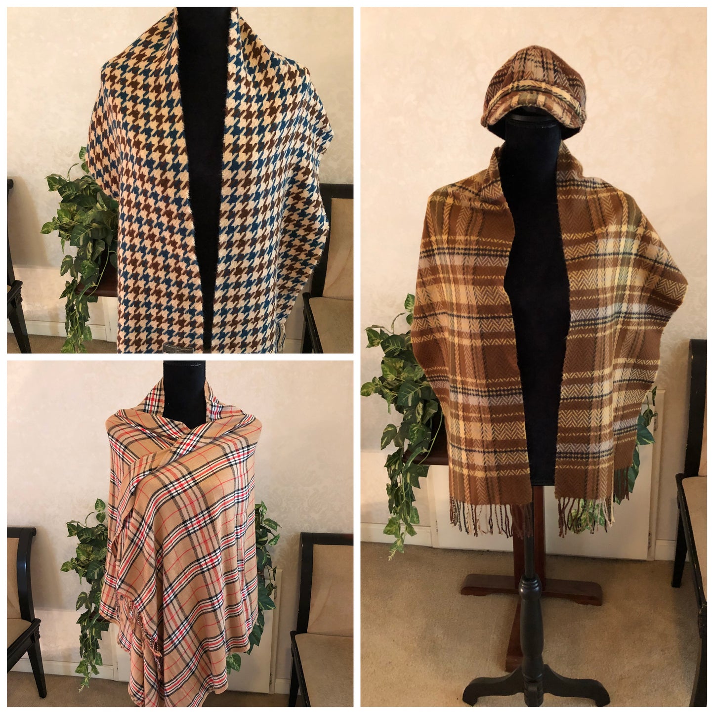Cashmere Neck Scarves/Shawls & Coordinated Hat, 3 Choices