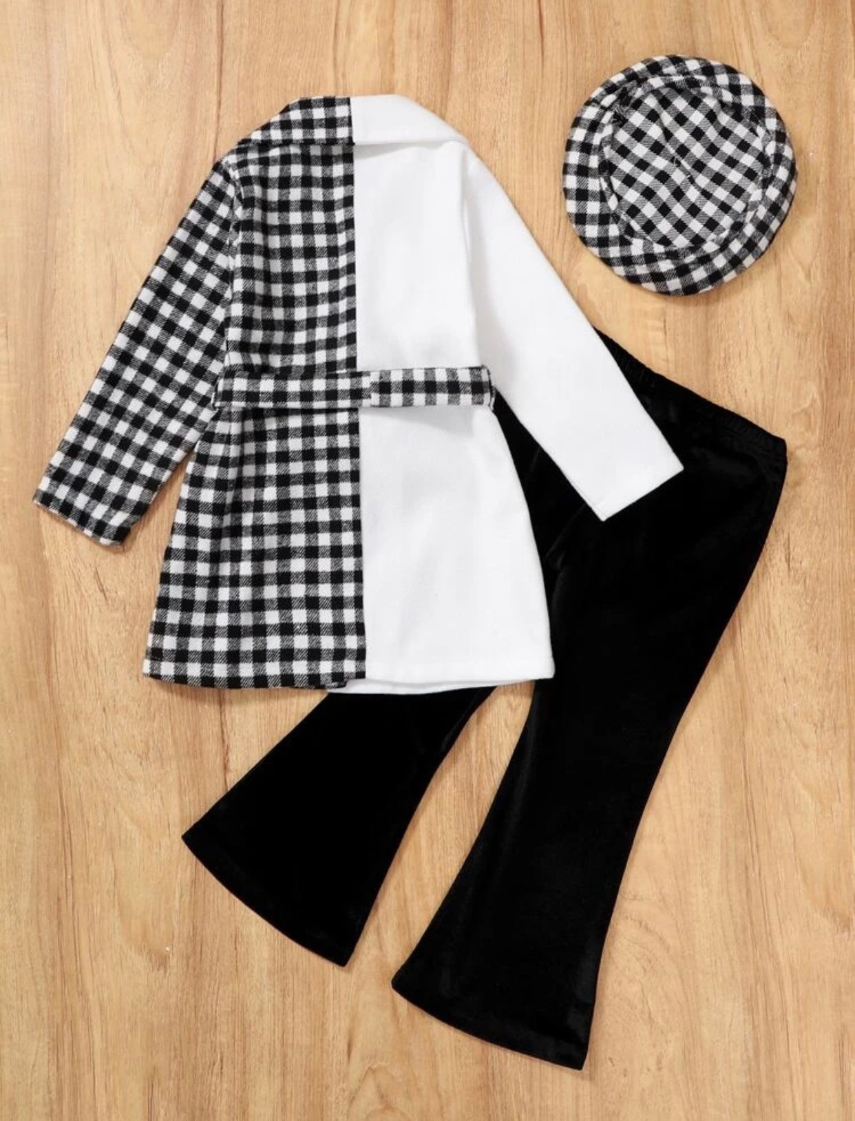 Girls Gingham Belted Wool-Mix Coat & Flare Leg Pants with Hat