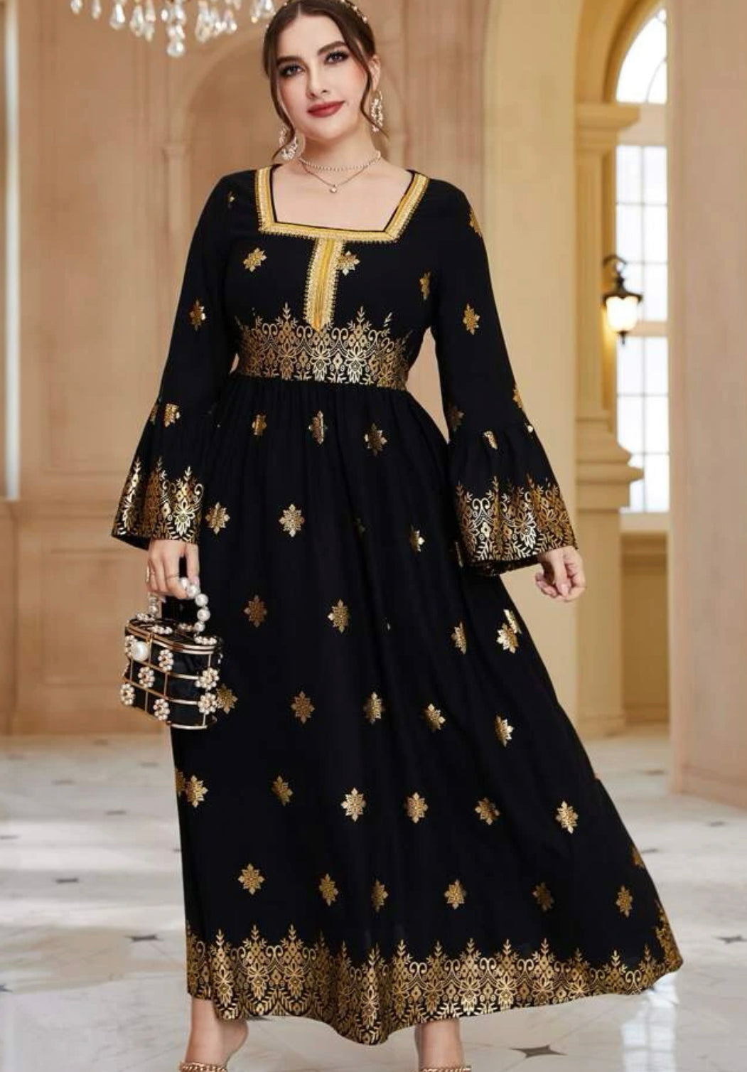 Elegant Arabic/Indian Golden Floral Trumpet Sleeve Dress, US Sizes 12 - 22