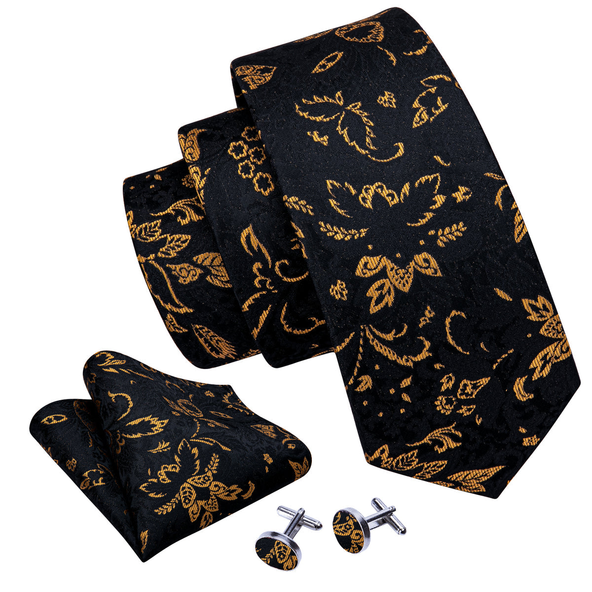 Men’s Silk Coordinated Tie Set - Gold Black Paisley (6001)