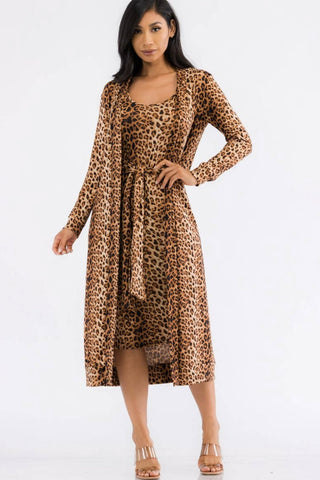 Conjunto de vestido y cárdigan de dos piezas, tallas pequeña - 1XL (estampado de leopardo)
