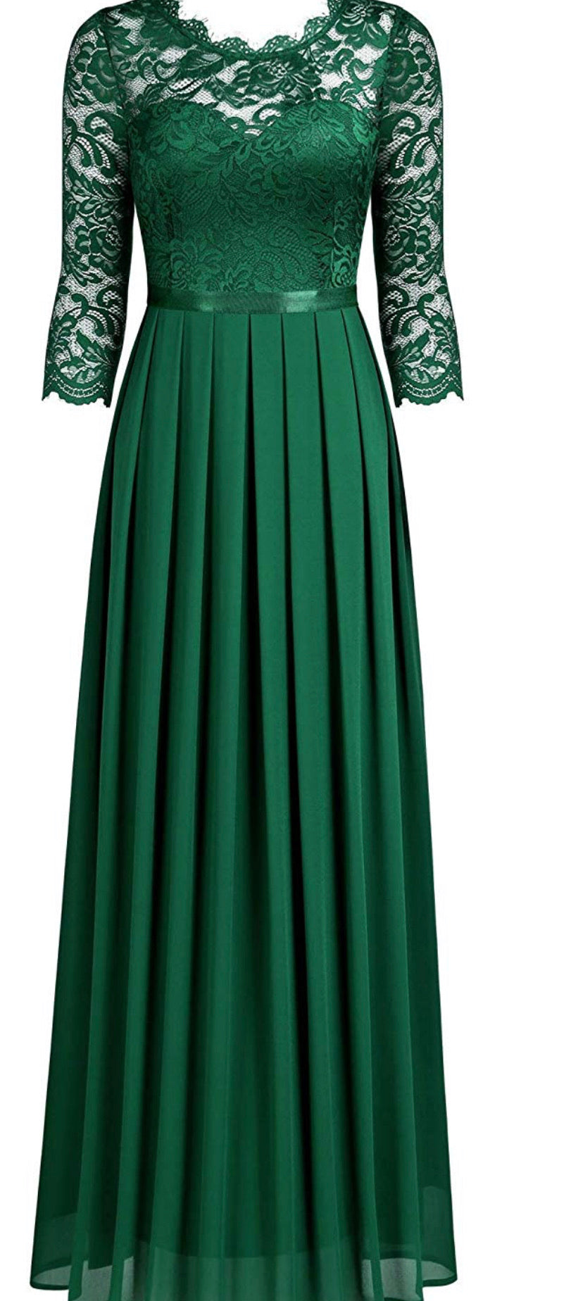 Long Green Lace Patterned Dress, Sizes Small - 2XLarge (US Sizes 4 - 18)