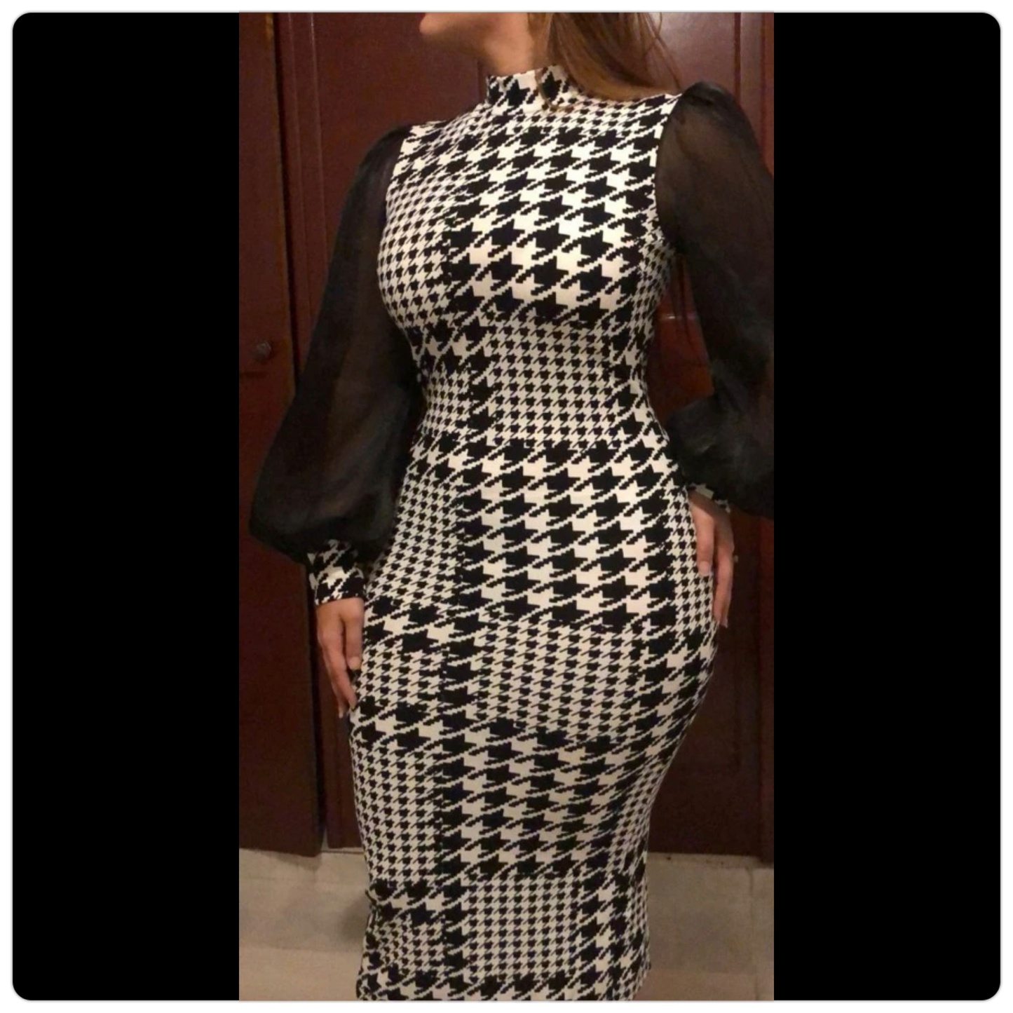 Houndstooth Print Mesh Sleeve Ladies Dress, Sizes Small - 4XLarge (US Sizes 4 - 20)