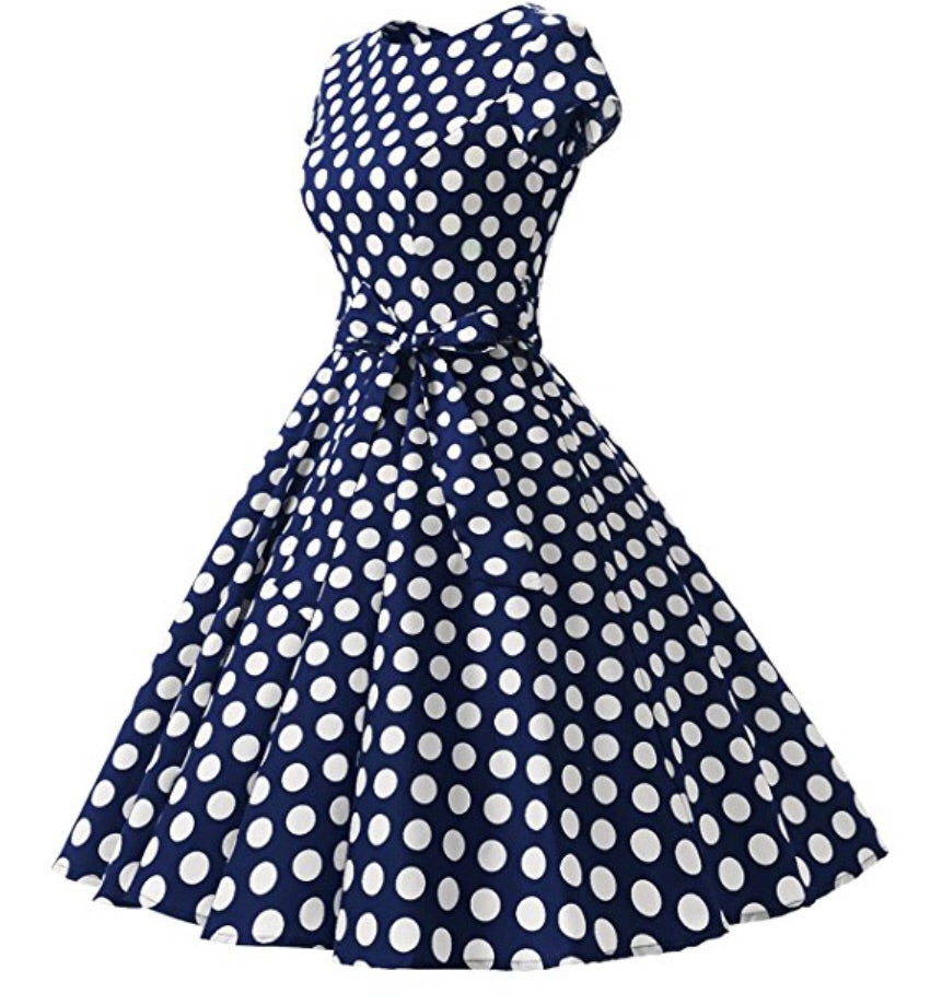1950s Inspired Retro Inspired Dress, Navy Blue with Large White Polka Dots, Sizes XS - 3XL
