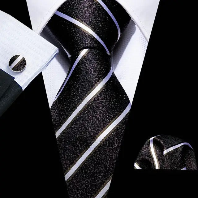 Men’s Silk Coordinated Tie Set - Black White Striped (5301)