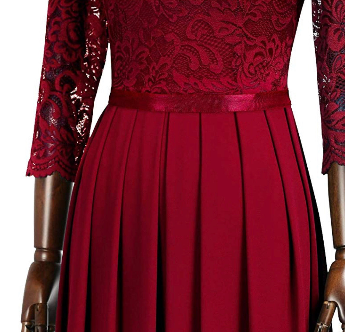 Long Red Lace Patterned Dress, Sizes Small - 2XLarge (US Sizes 4 - 18)