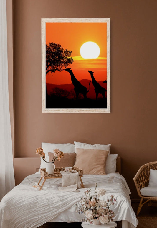 Hermosa impresión africana de 18" x 24" Safari con puesta de sol en el fondo Arte enmarcado
