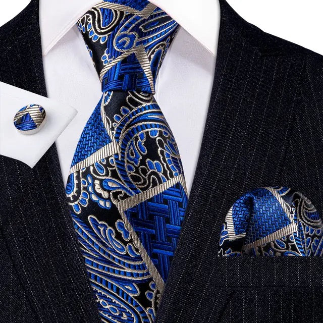 Men’s Silk Coordinated Tie Set - Blue Silver Paisley