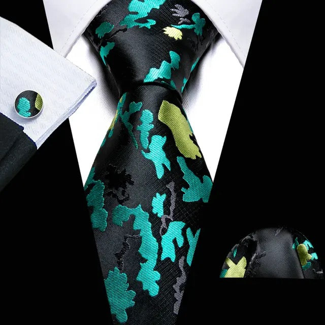 Men’s Silk Coordinated Tie Set - Teal Black Puzzled (5977)