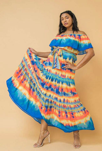 Vestido Largo Escote Volante Azul Coral, Tallas 1X - 3X