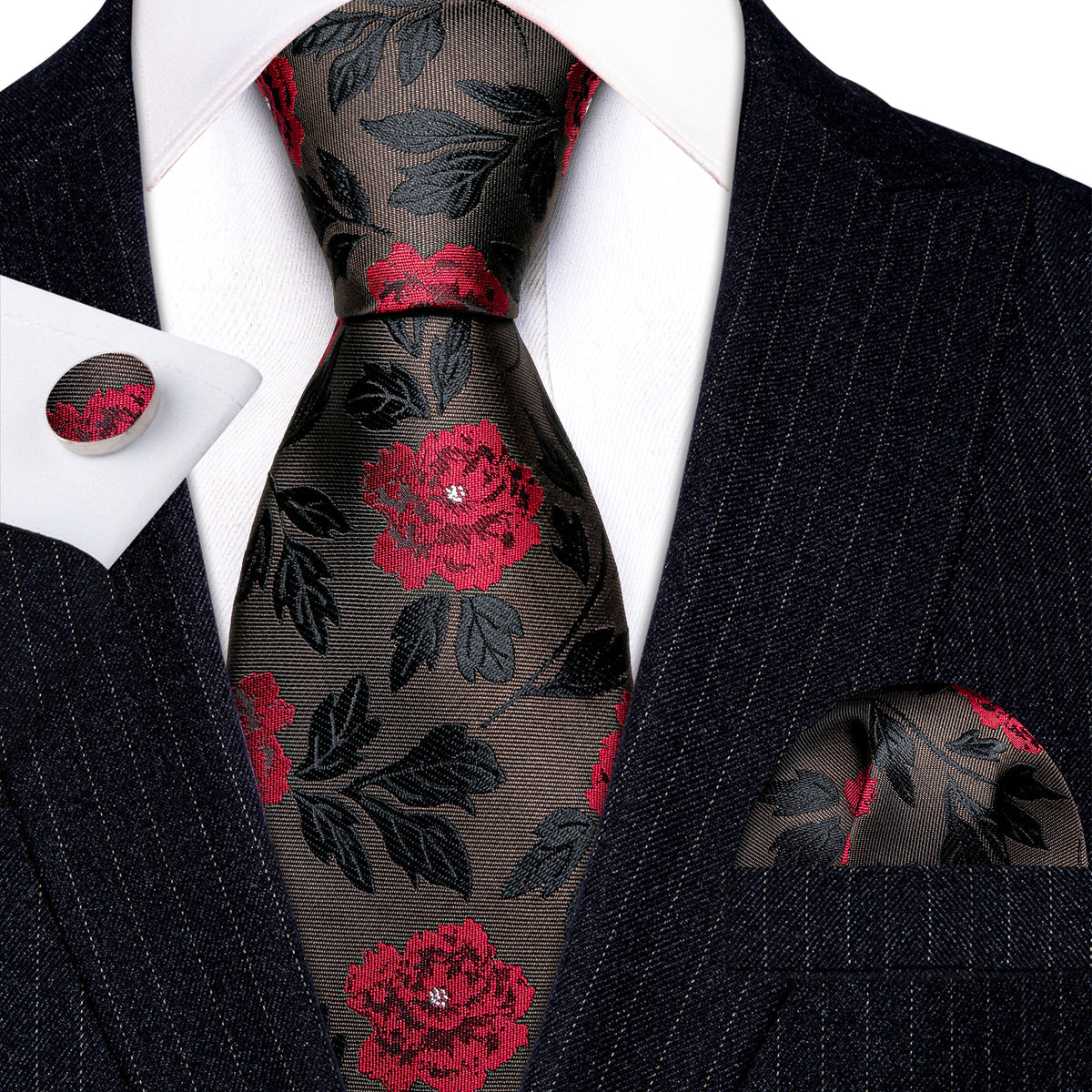 Men’s Silk Coordinated Tie Set - Brown and Red Rose