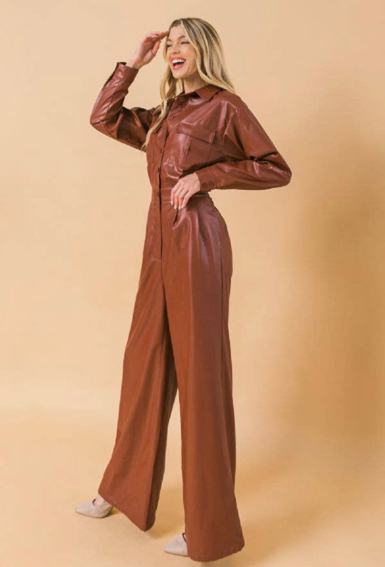 Brown Faux Leather Jumpsuit, Sizes Small - Large