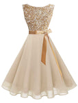 Boatneck Sleeveless Retro Inspired Dress, Sizes XSmall - 3XLarge (US Size 0 - 18W) Champagne Sequin