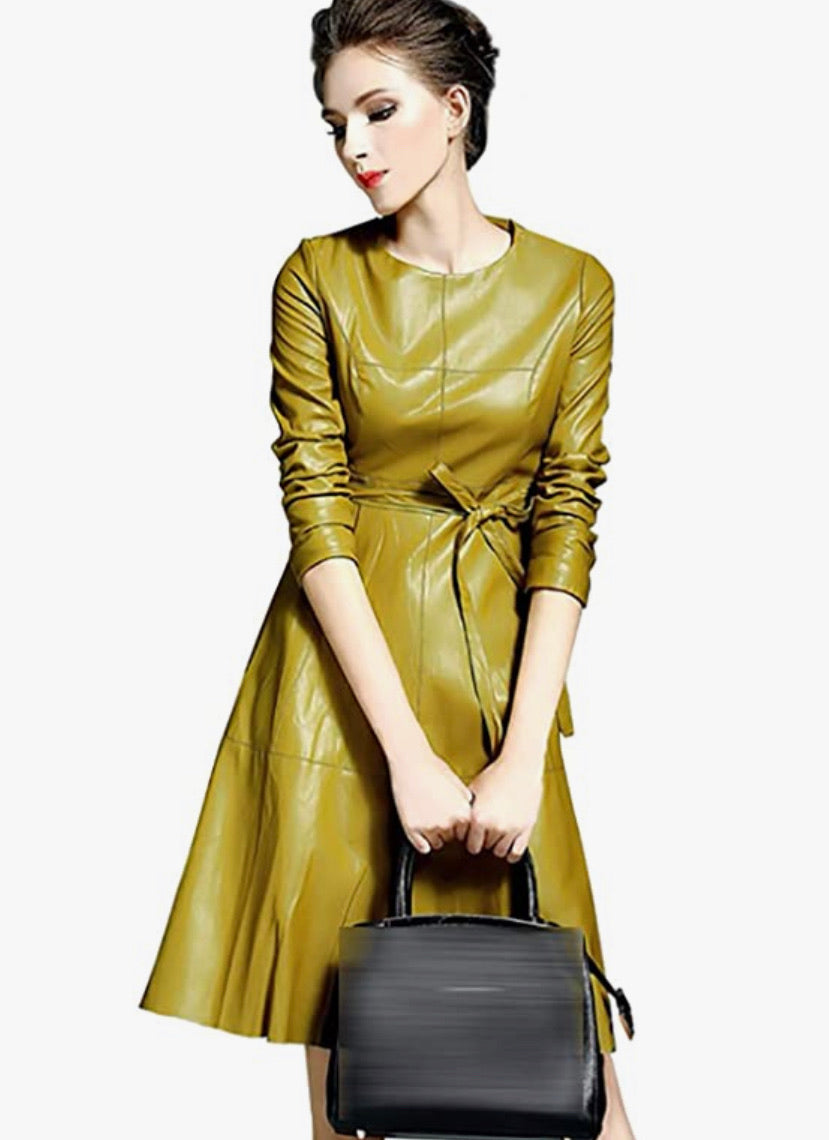 Faux Leather Midi Dress with Belt, US Sizes 2 - 12, Mustard and Black Available