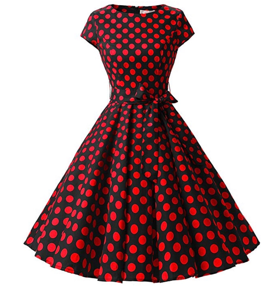 Rockability Cap-Sleeve Dress, Black with Red Polka Dots, Sizes XS - 3X ...