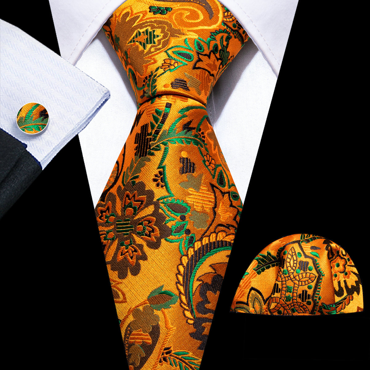 Men’s Silk Coordinated Tie Set - Golden Orange Floral (5951)