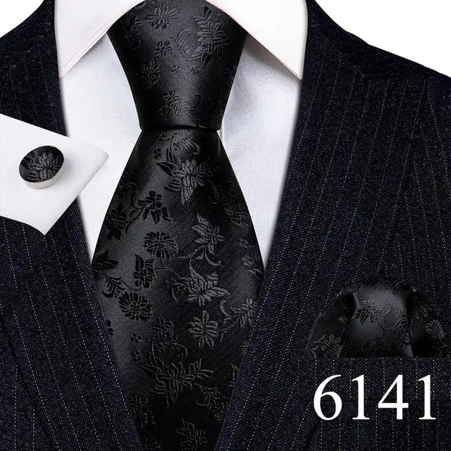 Men’s Silk Coordinated Tie Set - Solid Black Floral (6141)