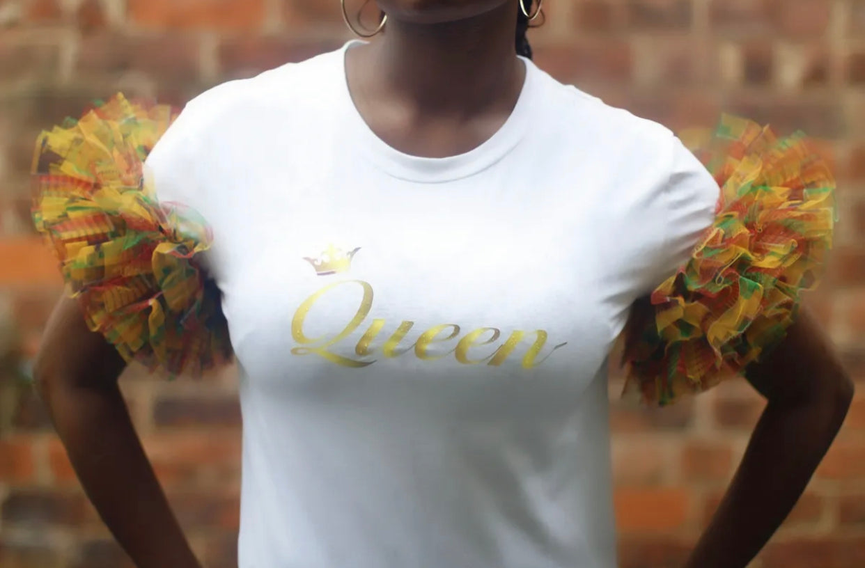 Nova Queen T-Shirt, African Print Tulle Sleeves