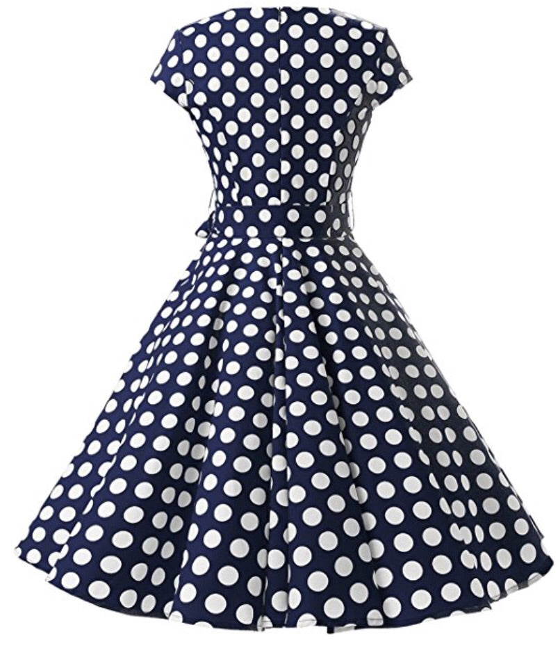 1950s Inspired Retro Inspired Dress, Navy Blue with Large White Polka Dots, Sizes XS - 3XL