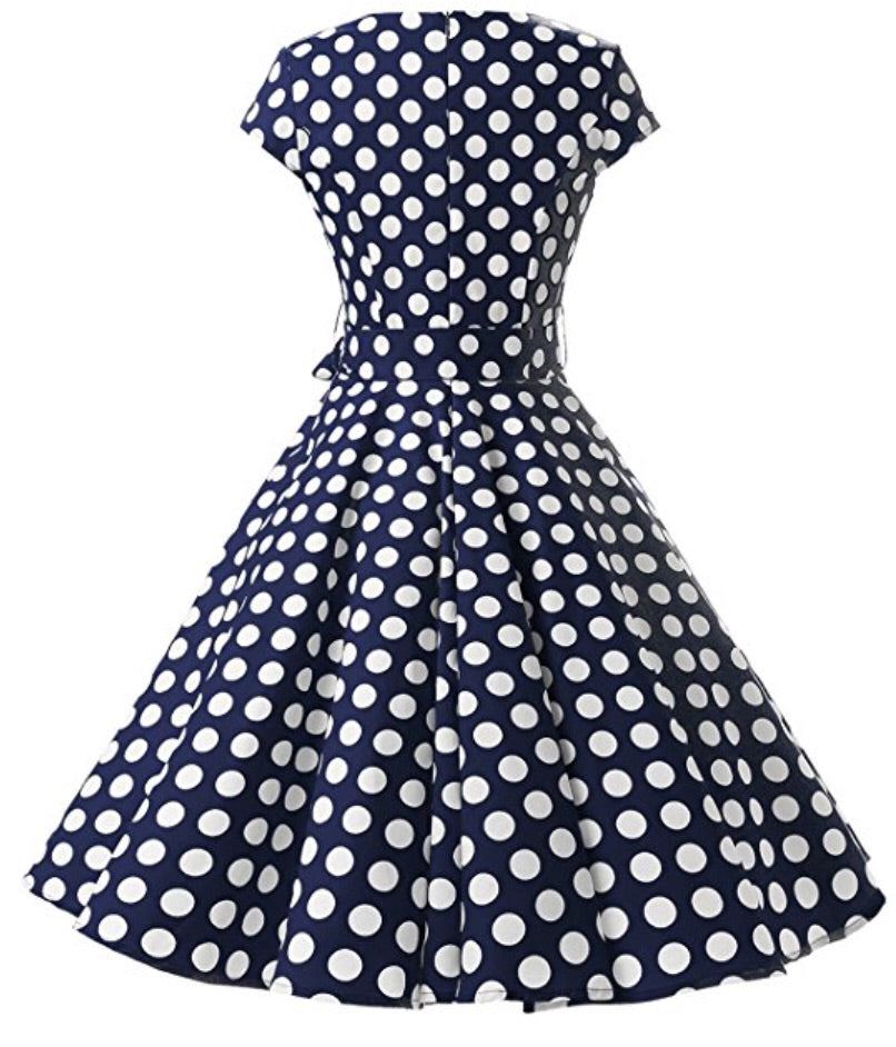 1950s Inspired Retro Inspired Dress, Navy Blue with Large White Polka ...