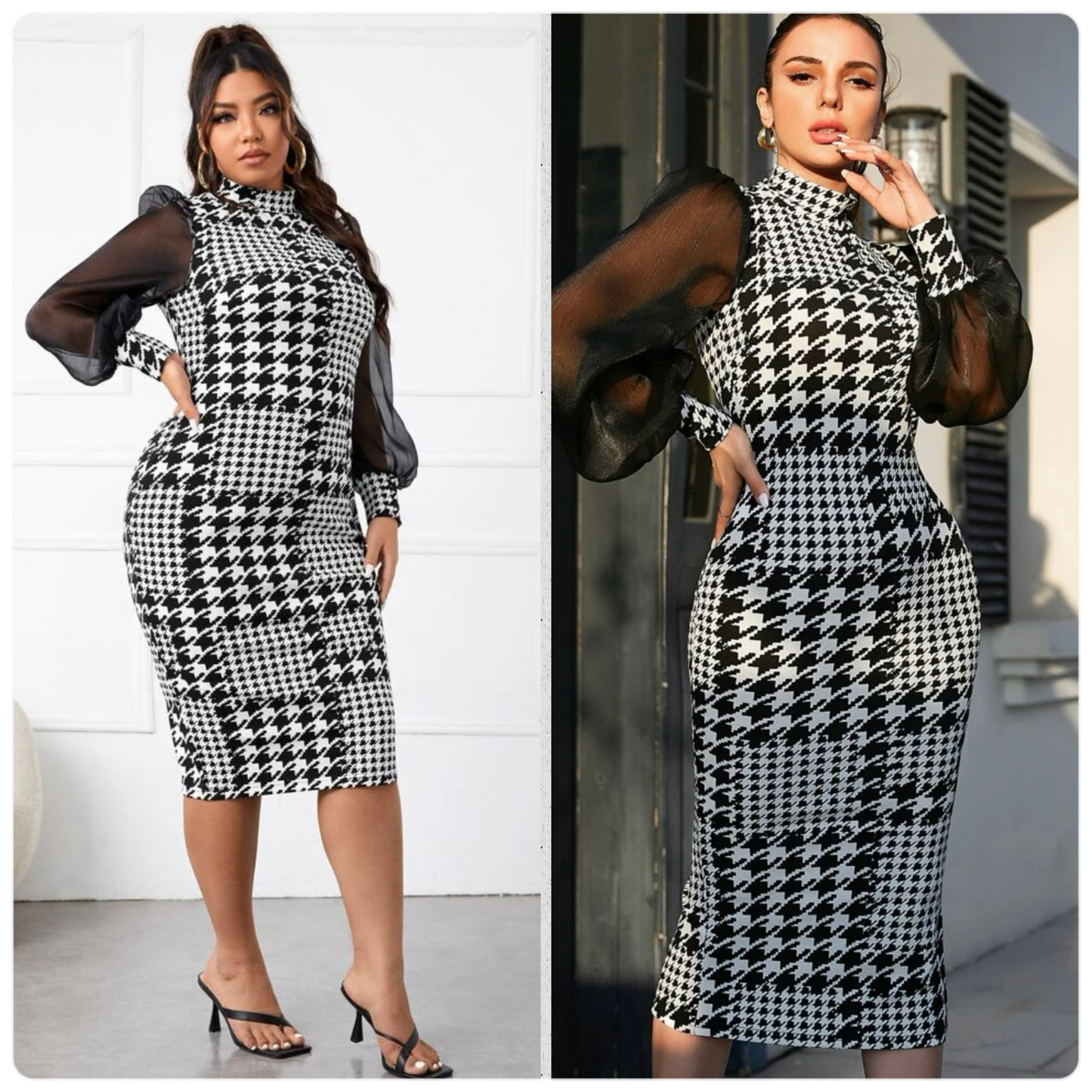 Houndstooth Print Mesh Sleeve Ladies Dress, Sizes Small - 4XLarge (US Sizes 4 - 20)