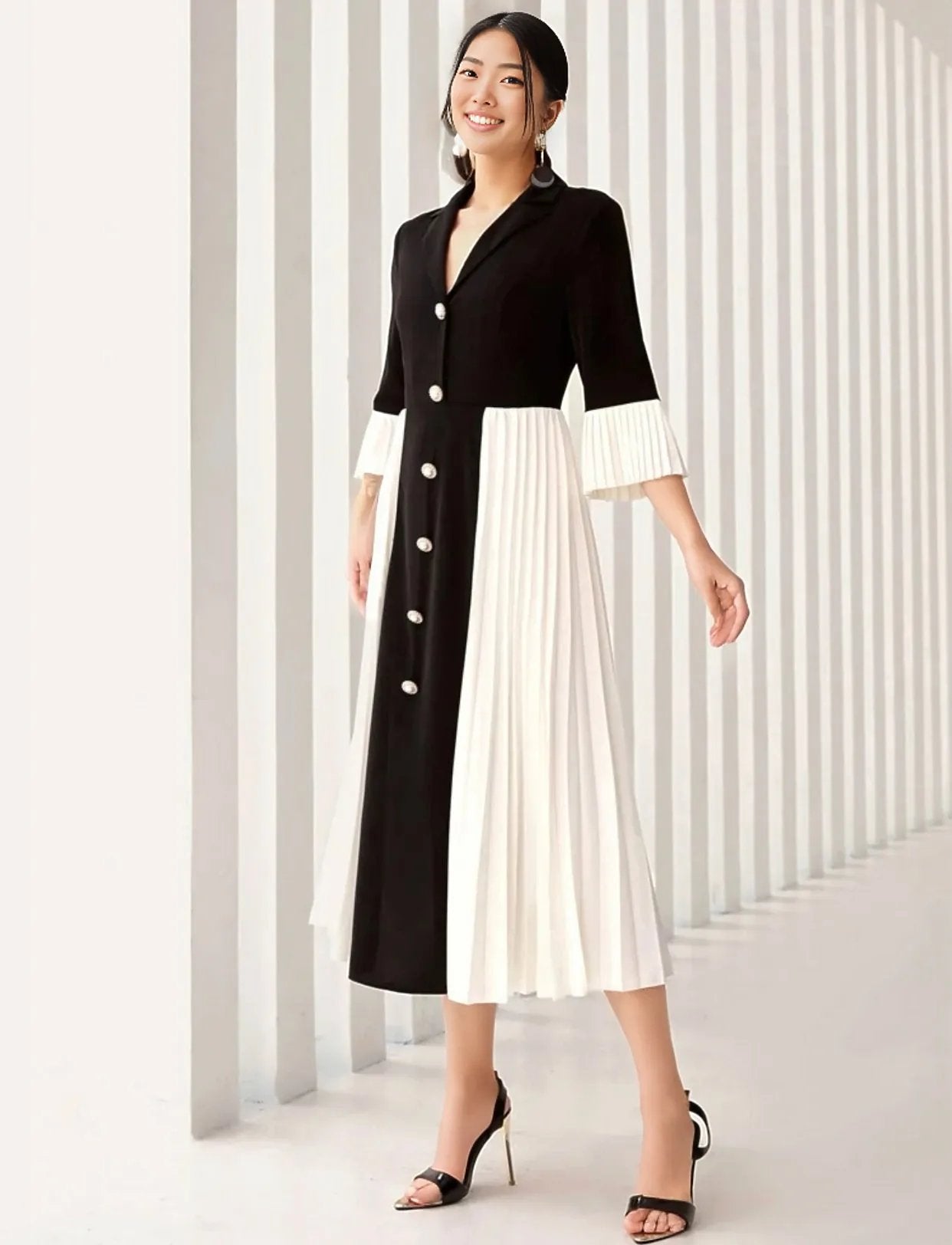 Color Block Lapel Collar Dress