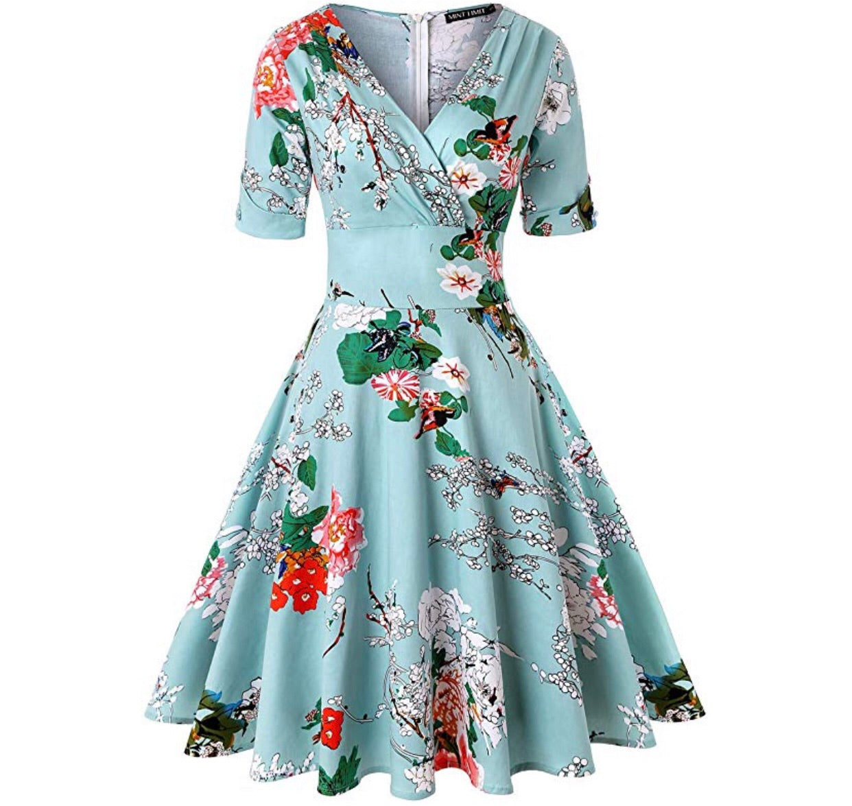V-Neck Retro Look Swing Dress, Sizes Small - 2XLarge (US Sizes 4 - 22) Floral Blue