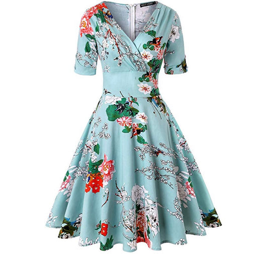 V-Neck Retro Look Swing Dress, Sizes Small - 2XLarge (US Sizes 4 - 22) Floral Blue